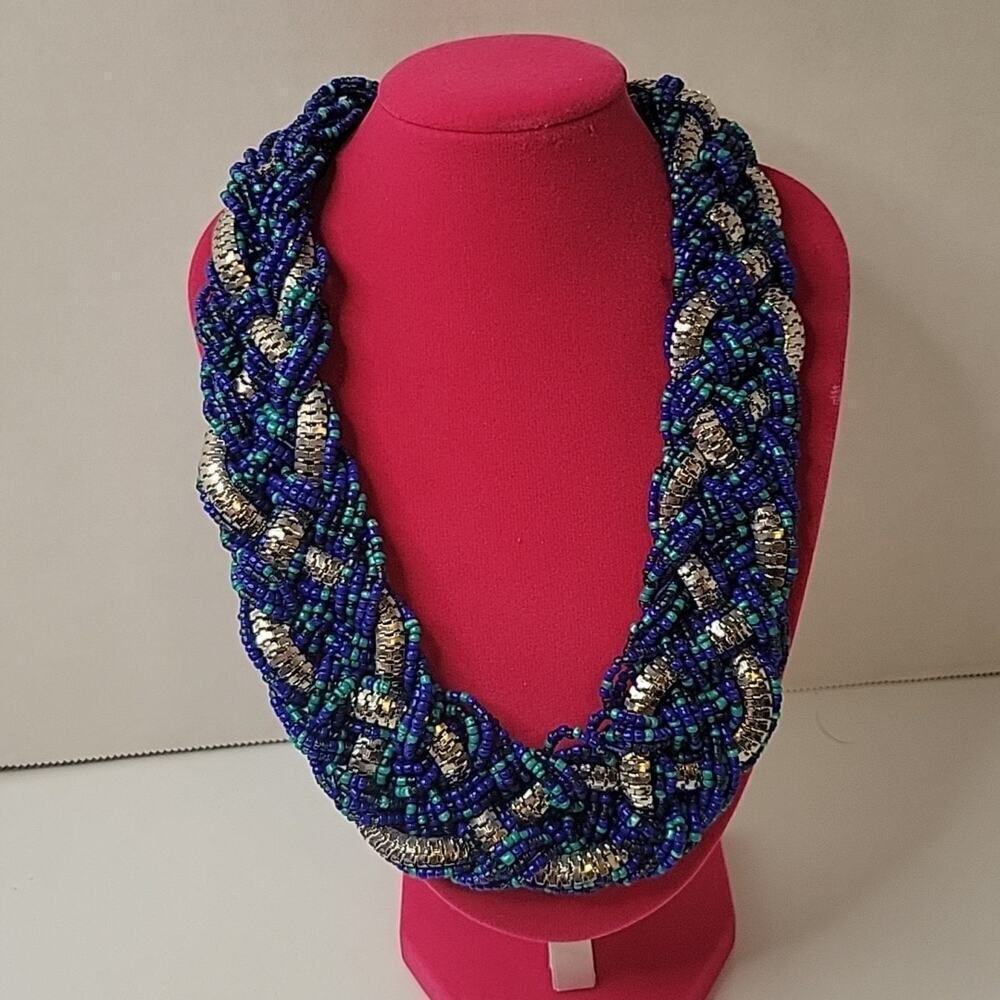 Blue Beaded Silver Chain Chunky Braided Collar Statement 15" Necklace